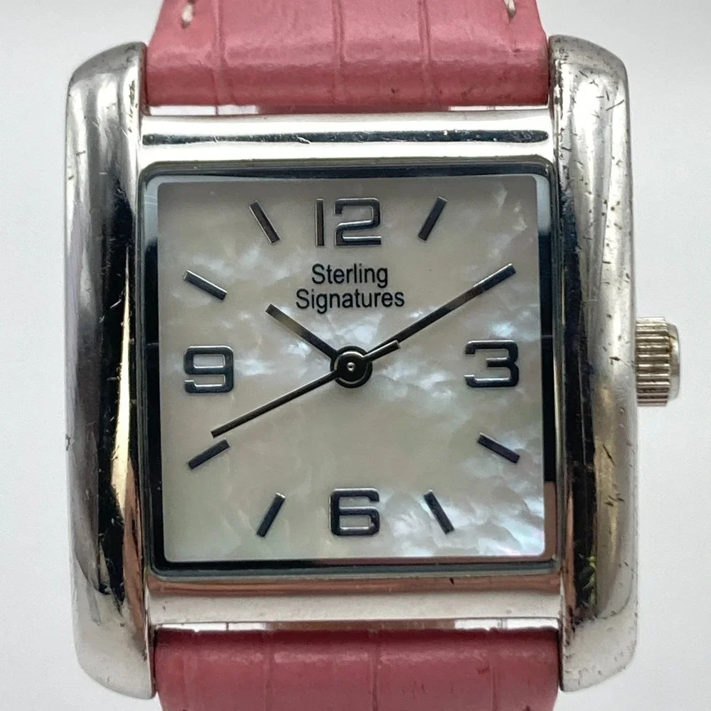 Sterling Signatures Women's Watch 28mm Silver 925 MOP Dial Leather New Battery
